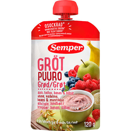 Grød med æble, hindbær, banan, blåbær fra 6 mdr. fra Semper