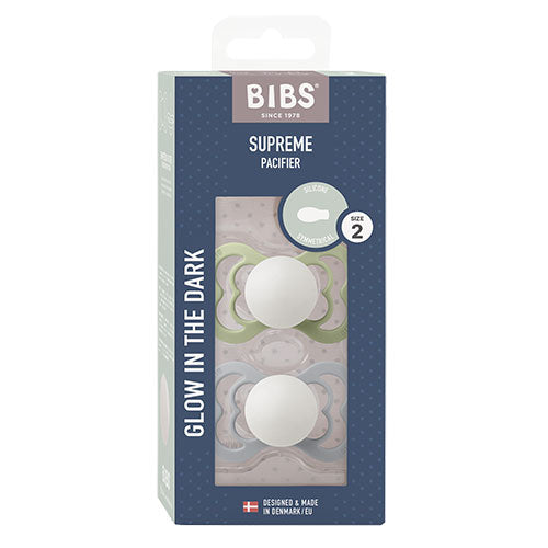 BIBS Supreme Silicone Size 2 Sage GLOW/Cloud GLOW fra BIBS