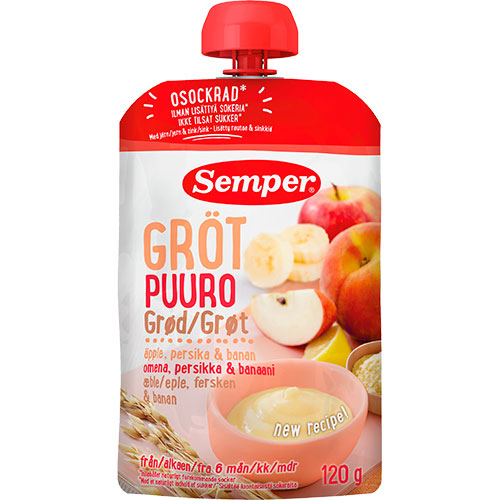 Grød med æble, fersken & banan fra 6 mdr. fra Semper
