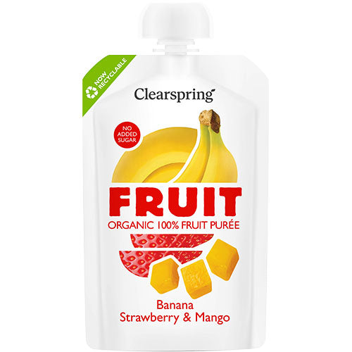Banan, jordbær & mango frugtpuré Ø fra Clearspring