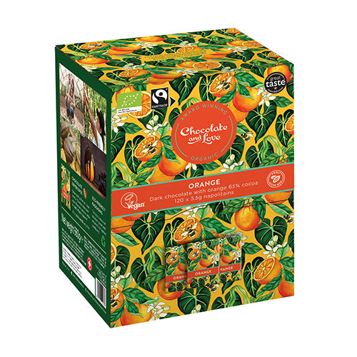Orange Dispenser box, 120 x 5.5g chokolader. Ø fra Chocolate and Love