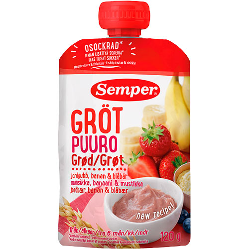 Grød med jordbær, banan og blåbær fra 6 mdr. fra Semper