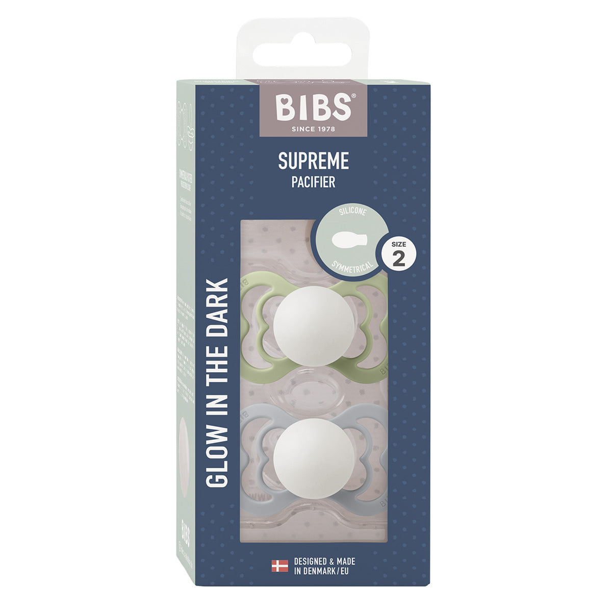 BIBS Supreme Silicone Sage GLOW/Cloud GLOW | Size 2 fra BIBS
