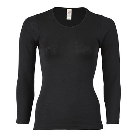 Langærmet bluse, uld/silke, Black, str. 42/44