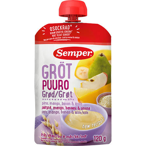 Grød med pære, mango, banan og æble fra 6 mdr. fra Semper