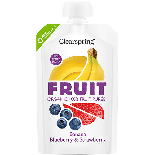 Banan, blåbær & jordbær frugtpuré Ø fra Clearspring