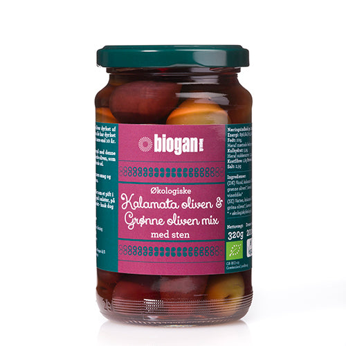 Kalamata Ø oliven & grønne oliven m. sten fra Biogan