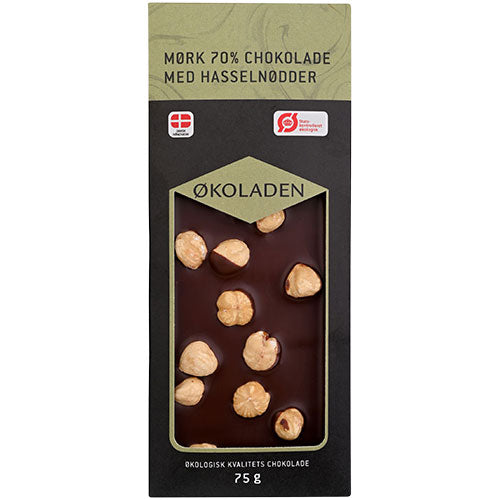 Mørk 70 % chokolade m. hasselnødder Ø fra Økoladen