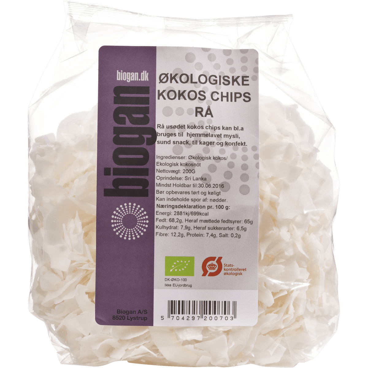 Biogan Økologiske Rå Kokoschips | 200 g fra Biogan
